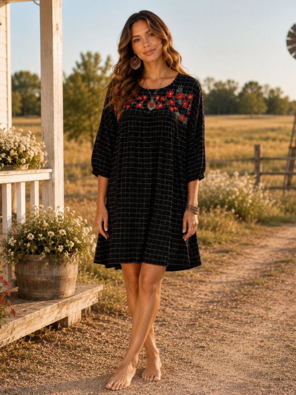 Bebop Large Black Plaid Floral Embroidered Babydoll Dress Boho